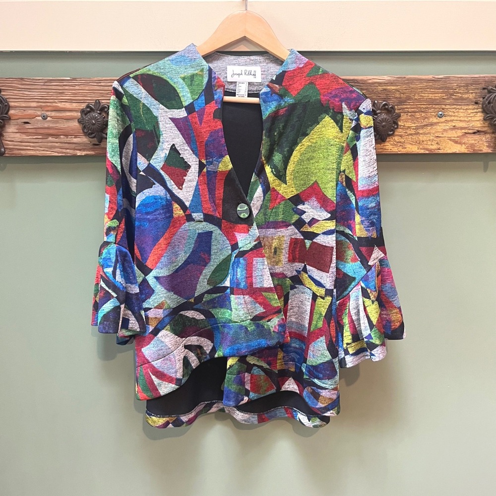 Joseph Ribkoff Multicolor Geometric Abstract Bell Sleeve Cardigan Jacket 181669